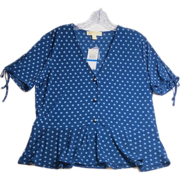 F. Michael Kors Top Size XL Polka Dot Multicolor Blue Top  V Neck. NWT $79 - Picture 1 of 7